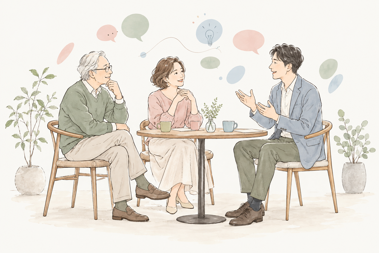 気持ちを聞き合い、テーブルを囲んで話す3人の線画